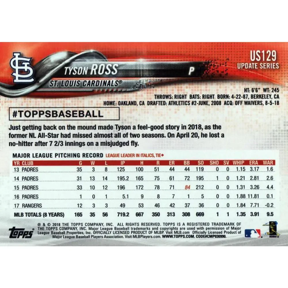 2018 Topps Update Tyson Ross #US129 St. Louis Cardinals